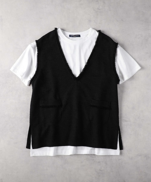 HONEYSUCKLE ROSE（ハニーサックルローズ）の「【HONEYSUCKLE ROSE】ツイードベスト半袖レイヤードTシャツ（ベスト・レディース・オフホワイト/ブラック・M/L）」の12枚目の写真