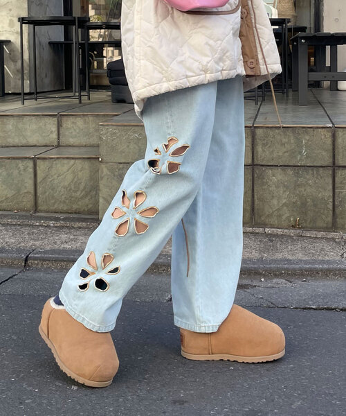 B376【W42】KAD clothing 刺繍デニムパンツ スミクロ バギー HELLO.SANFRANCISCO/ハローサンフランシスコ】フラワーカットアウト