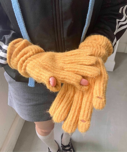 極美品✨モンクレール ウール カシミア ニット イエロー 手袋 5本指 グローブ 名入れ】 手袋 カシミヤ 名入れ レザータグ スマホ タッチパネル対応