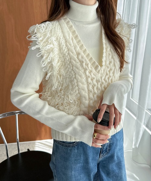 セール】ショート丈Vネックフリンジニットベスト（ベスト