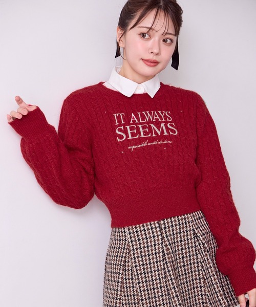 one after another NICE CLAUP（ワンアフターアナザーナイスクラップ）の「ロゴ刺繍ケーブルニット（ニット/セーター・レディース・レッド/ピンク/ブラック/オフホワイト・FREE）」の4枚目の写真