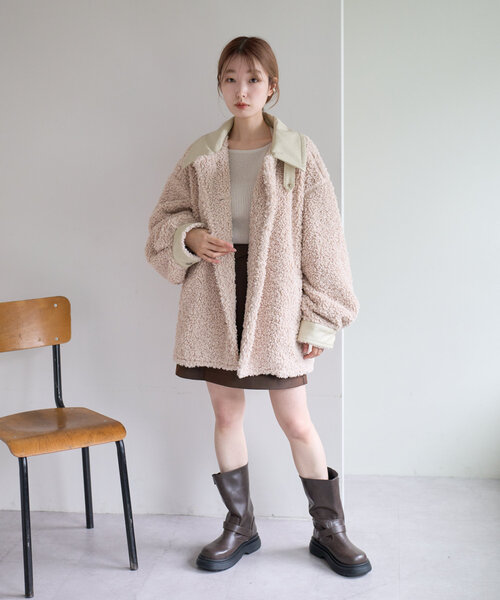 セール】【襟2WAY】襟レザーカールボアブルゾン（ブルゾン）｜Kastane  