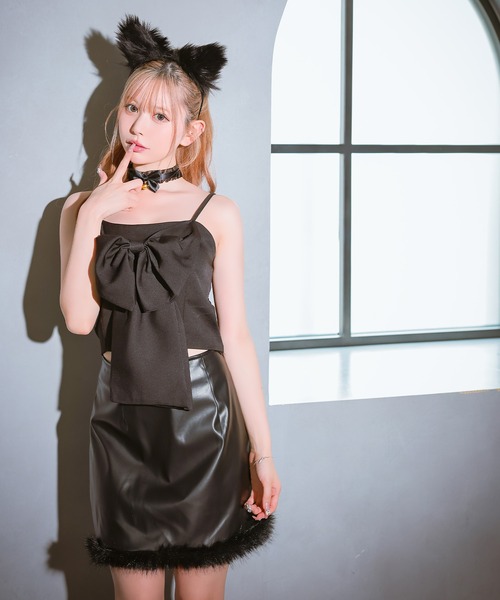 高級リボンキャミソールジップ猫アニマルコスプレセットアップタイトミニドレス 即日発送】【ハロウィン】リボンチャイナミニセットアップ