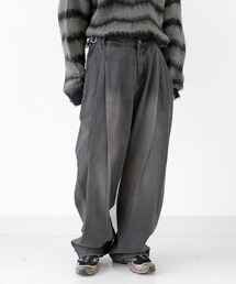minsobi | ツータックワイドデニムパンツ ヴィンテージウォッシュカラー ウェスト調節サイドベルト付き(デニムパンツ)