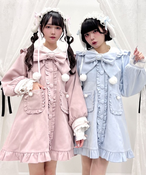 セール】ポンポンリボンセーラー襟フリルコート（ステンカラーコート