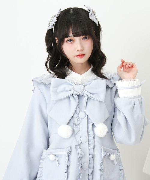 ポンポンリボンセーラー襟フリルコート（ステンカラーコート