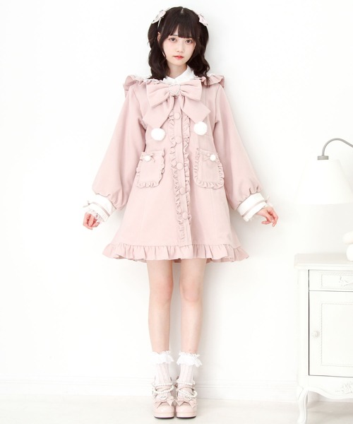 エムズグレイシー フリルテーラードドレスコート　　ロングコート　パール　リボン セール】ポンポンリボンセーラー襟フリルコート（ステンカラーコート