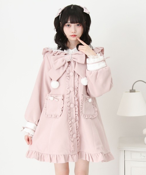 ポンポンリボンセーラー襟フリルコート（ステンカラーコート