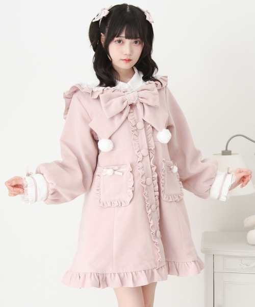 ポンポンリボンセーラー襟フリルコート（ステンカラーコート
