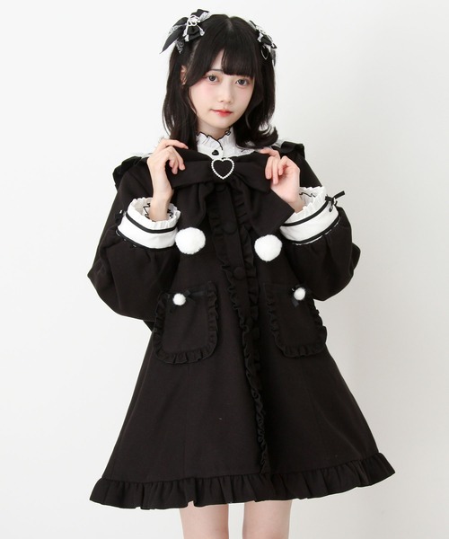 セール】ポンポンリボンセーラー襟フリルコート（ステンカラーコート
