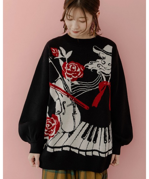 ScoLar（スカラー）の「543256：女の子とピアノ柄 ジャガードニットプルオーバー（ニット/セーター・レディース・アイボリー/ブラック・M）」の18枚目の写真