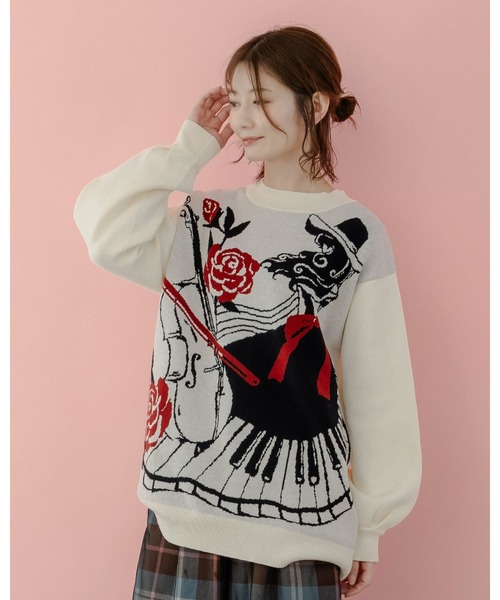 ScoLar（スカラー）の「543256：女の子とピアノ柄 ジャガードニットプルオーバー（ニット/セーター・レディース・アイボリー/ブラック・M）」の13枚目の写真