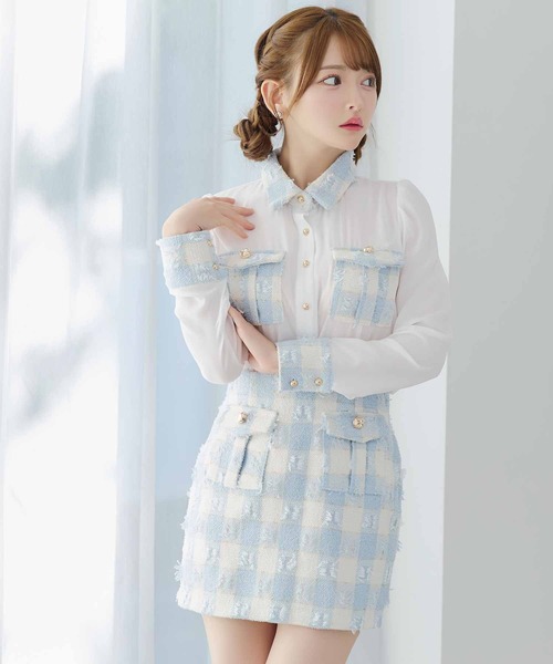 韓国 服 レディース ワンピース 白 長袖 キャバドレス シアー ミニスカート セール】キャバドレス 韓国ドレスシアーシャツフレアミニ