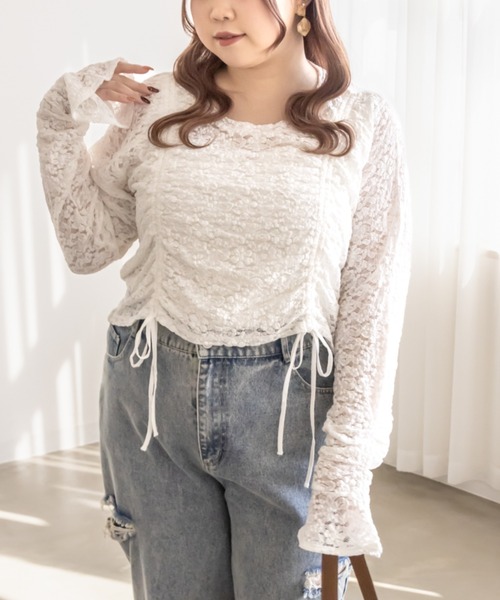 CLETTE(クレット)の「ドロストリボンレースプルオーバー(Tシャツ/カットソー・レディース・アイボリー/ブラック/ホワイト・LL/3L/4L)」の2枚目の写真