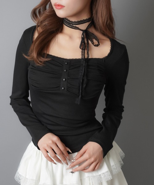 SPINNS(スピンズ)の「ZIP!で紹介されました♪【セットアイテム】長袖カットソー/ロンT/レースタイ付き(Tシャツ/カットソー・レディース・チャコール/アイボリー/ブラウン/ブラック・ONESIZE)」の3枚目の写真