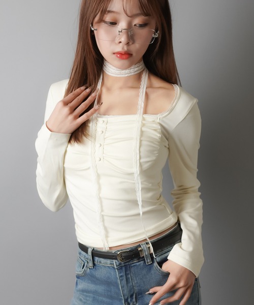 SPINNS(スピンズ)の「ZIP!で紹介されました♪【セットアイテム】長袖カットソー/ロンT/レースタイ付き(Tシャツ/カットソー・レディース・チャコール/アイボリー/ブラウン/ブラック・ONESIZE)」の10枚目の写真