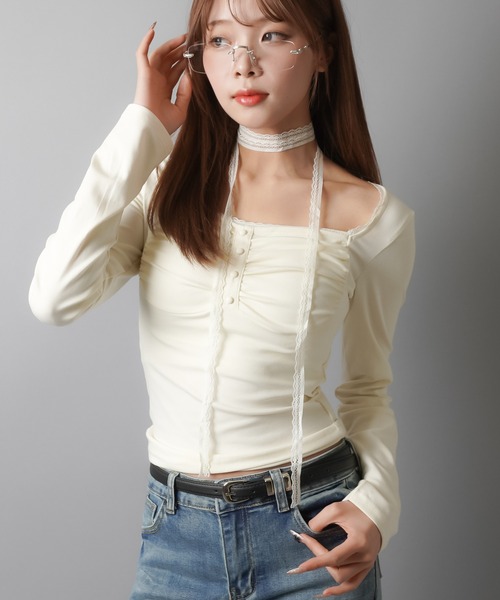 SPINNS(スピンズ)の「ZIP!で紹介されました♪【セットアイテム】長袖カットソー/ロンT/レースタイ付き(Tシャツ/カットソー・レディース・チャコール/アイボリー/ブラウン/ブラック・ONESIZE)」の12枚目の写真