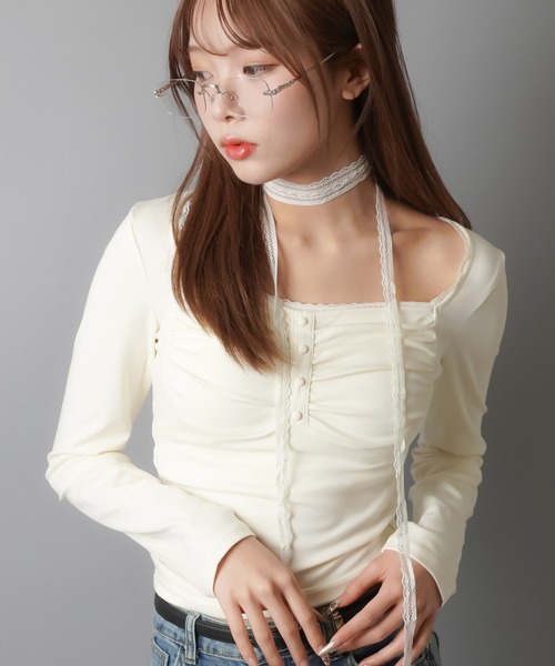 SPINNS(スピンズ)の「ZIP!で紹介されました♪【セットアイテム】長袖カットソー/ロンT/レースタイ付き(Tシャツ/カットソー・レディース・チャコール/アイボリー/ブラウン/ブラック・ONESIZE)」の13枚目の写真