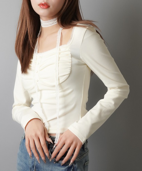 SPINNS(スピンズ)の「ZIP!で紹介されました♪【セットアイテム】長袖カットソー/ロンT/レースタイ付き(Tシャツ/カットソー・レディース・チャコール/アイボリー/ブラウン/ブラック・ONESIZE)」の6枚目の写真