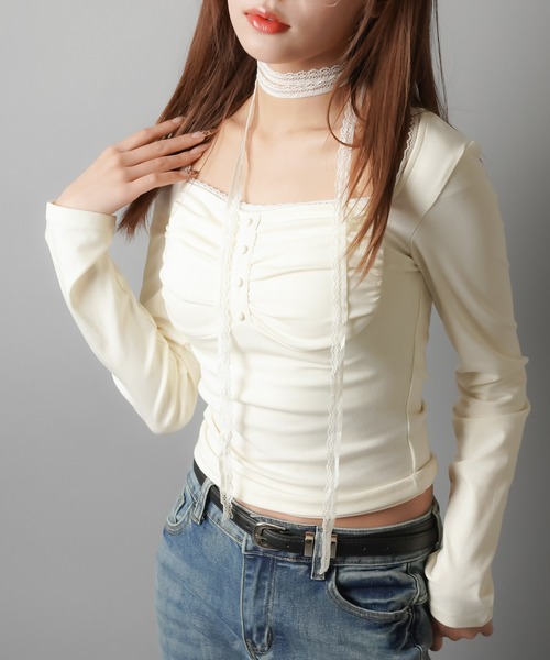 SPINNS(スピンズ)の「ZIP!で紹介されました♪【セットアイテム】長袖カットソー/ロンT/レースタイ付き(Tシャツ/カットソー・レディース・チャコール/アイボリー/ブラウン/ブラック・ONESIZE)」の7枚目の写真