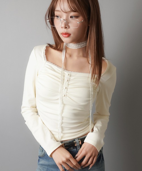 SPINNS(スピンズ)の「ZIP!で紹介されました♪【セットアイテム】長袖カットソー/ロンT/レースタイ付き(Tシャツ/カットソー・レディース・チャコール/アイボリー/ブラウン/ブラック・ONESIZE)」の11枚目の写真