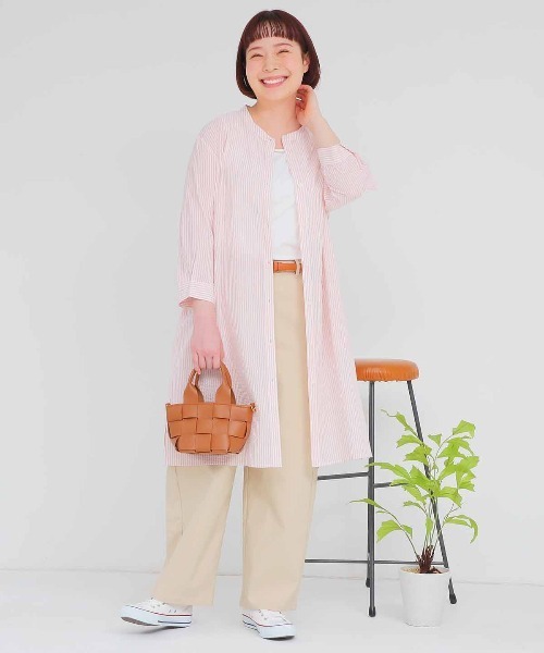 MB mint breeze（エムビーミントブリーズ）の「【L～6L 大きいサイズ】シアーサッカーストライプバンドカラーワンピース（ワンピース・レディース・オレンジ/ネイビー・5L/LL/3L/4L/6L/L）」の3枚目の写真