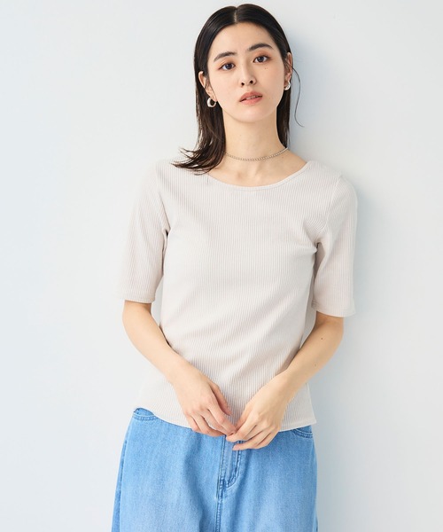 CROSS FUNCTION（クロスファンクション）の「《UVカット》前後2wayテレコ５分袖Tシャツ【CF/クロスファンクション】（Tシャツ/カットソー・レディース・ライトグレー/オフホワイト/ブラック・M/L/LL）」の5枚目の写真