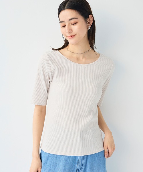 CROSS FUNCTION（クロスファンクション）の「《UVカット》前後2wayテレコ５分袖Tシャツ【CF/クロスファンクション】（Tシャツ/カットソー・レディース・ライトグレー/オフホワイト/ブラック・M/L/LL）」の7枚目の写真