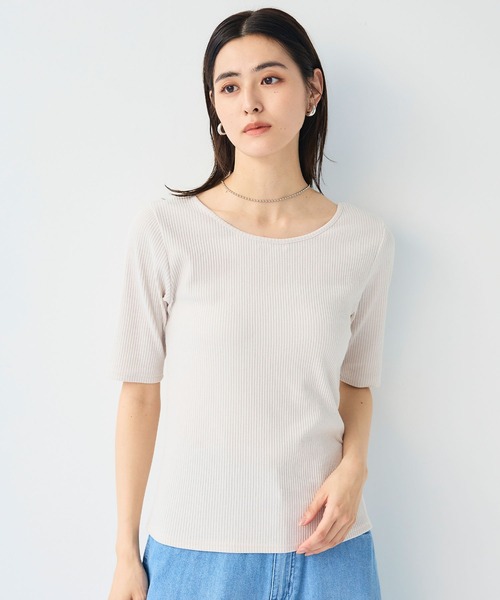 CROSS FUNCTION（クロスファンクション）の「《UVカット》前後2wayテレコ５分袖Tシャツ【CF/クロスファンクション】（Tシャツ/カットソー・レディース・ライトグレー/オフホワイト/ブラック・M/L/LL）」の6枚目の写真