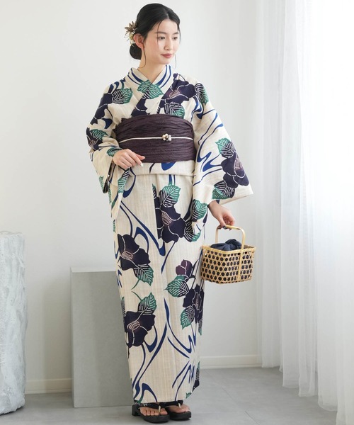 セール】手染め注染浴衣3点セット utatane×注染工房 染めベージュ 紫と
