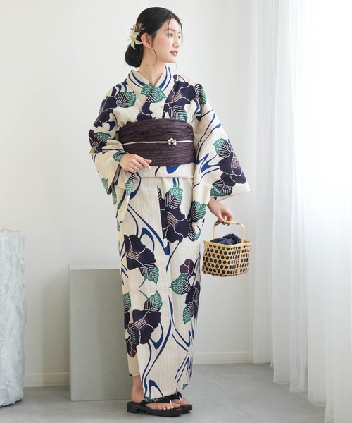 手染め注染浴衣3点セット utatane×注染工房 染めベージュ 紫と緑の牡丹