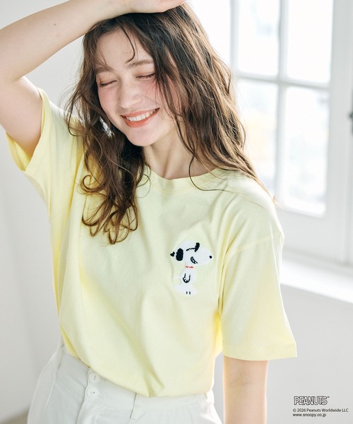PEANUTS(ピーナッツ)の「【PEANUTS/ピーナッツ】SNOOPY/スヌーピーワンポイントサガラ刺繍半袖Tシャツ(Tシャツ/カットソー・レディース・ピンク/ベージュ/ネイビー/杢グレー/イエロー/ブラック・M/L/LL/3L)」の18枚目の写真