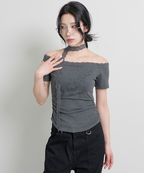 FOLLOWIN(フォロウィン)の「エンジェルボートネックレースマフラーセット半袖Tシャツ(Tシャツ/カットソー・レディース・ホワイト/グレー/ブラック・FREE)」の3枚目の写真