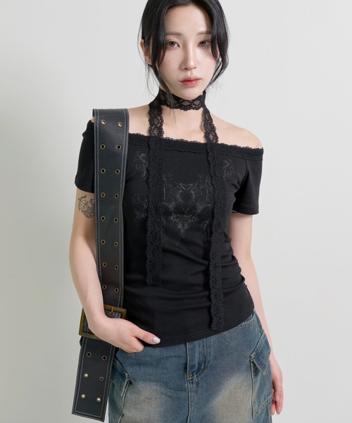 FOLLOWIN(フォロウィン)の「エンジェルボートネックレースマフラーセット半袖Tシャツ(Tシャツ/カットソー・レディース・ホワイト/グレー/ブラック・FREE)」の2枚目の写真