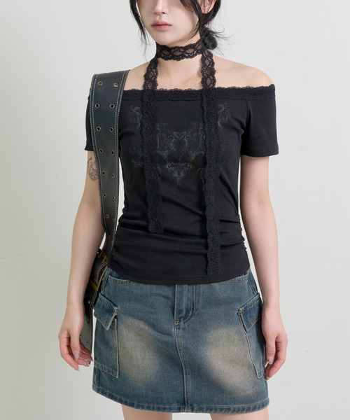 FOLLOWIN(フォロウィン)の「エンジェルボートネックレースマフラーセット半袖Tシャツ(Tシャツ/カットソー・レディース・ホワイト/グレー/ブラック・FREE)」の6枚目の写真