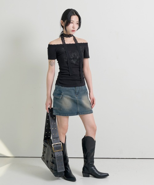 FOLLOWIN(フォロウィン)の「エンジェルボートネックレースマフラーセット半袖Tシャツ(Tシャツ/カットソー・レディース・ホワイト/グレー/ブラック・FREE)」の8枚目の写真