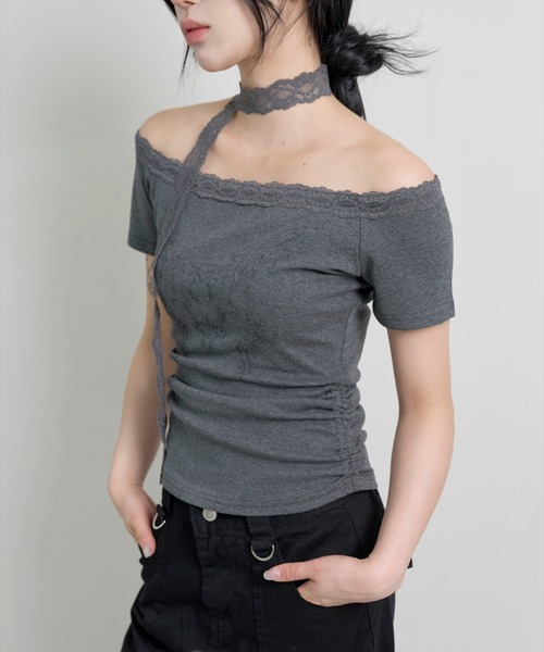 FOLLOWIN(フォロウィン)の「エンジェルボートネックレースマフラーセット半袖Tシャツ(Tシャツ/カットソー・レディース・ホワイト/グレー/ブラック・FREE)」の9枚目の写真
