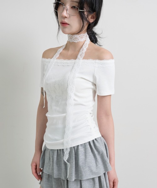 FOLLOWIN(フォロウィン)の「エンジェルボートネックレースマフラーセット半袖Tシャツ(Tシャツ/カットソー・レディース・ホワイト/グレー/ブラック・FREE)」の11枚目の写真