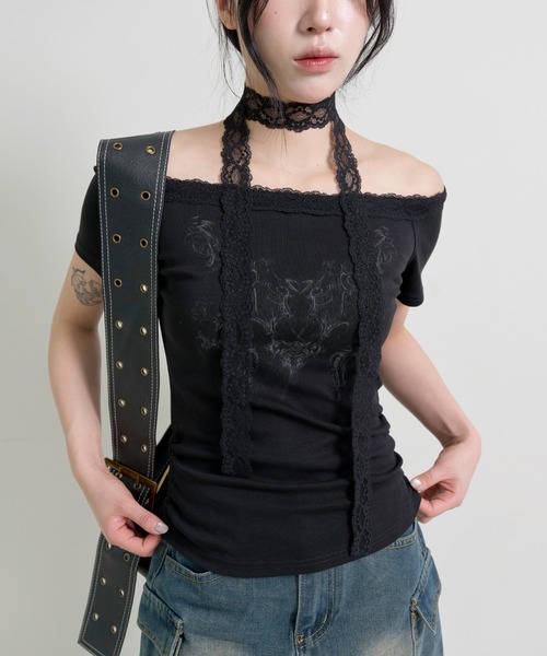 FOLLOWIN(フォロウィン)の「エンジェルボートネックレースマフラーセット半袖Tシャツ(Tシャツ/カットソー・レディース・ホワイト/グレー/ブラック・FREE)」の15枚目の写真