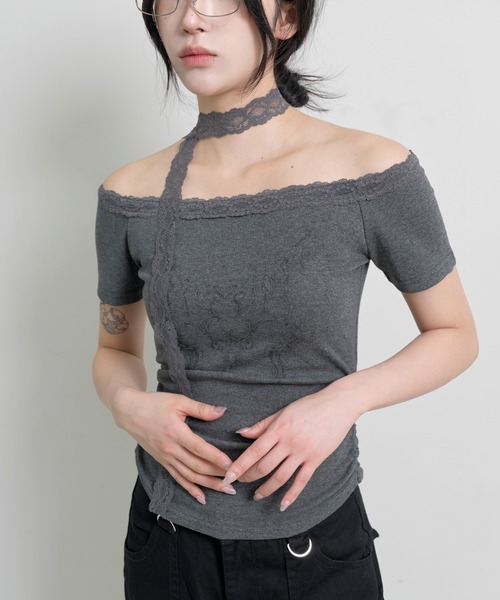 FOLLOWIN(フォロウィン)の「エンジェルボートネックレースマフラーセット半袖Tシャツ(Tシャツ/カットソー・レディース・ホワイト/グレー/ブラック・FREE)」の20枚目の写真