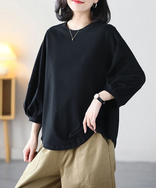 BLANC FICELLE(ブランフィセル)の「薄手 7分袖 Tシャツ(Tシャツ/カットソー・レディース・ブラウン/ホワイト/ブラック/グレー・M/L/XL)」の1枚目の写真