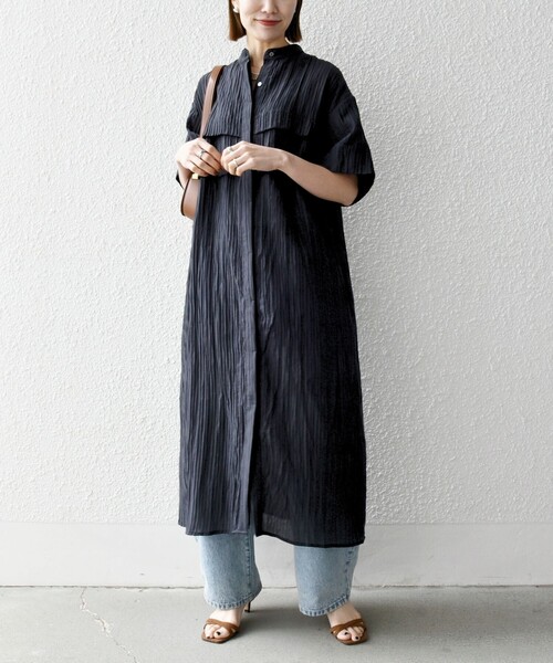 SHIPS any（シップス エニィ）の「SHIPS any:〈洗濯機可能〉ピンタック ジャカード シャツ ワンピース（シャツワンピース・レディース・チャコールグレー/ナチュラル・ONE SIZE）」の17枚目の写真