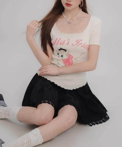 gossip！ロサンゼルス（ゴシップロサンゼルス）の「レトロ風 レースフリルティアードミニスカート（スカート・レディース・ホワイト/ブラック・FREE）」の5枚目の写真