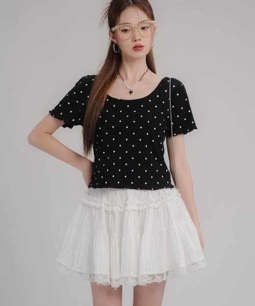 gossip！ロサンゼルス（ゴシップロサンゼルス）の「レトロ風 レースフリルティアードミニスカート（スカート・レディース・ホワイト/ブラック・FREE）」の15枚目の写真