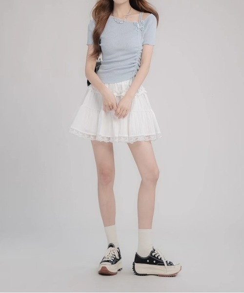 gossip！ロサンゼルス（ゴシップロサンゼルス）の「レトロ風 レースフリルティアードミニスカート（スカート・レディース・ホワイト/ブラック・FREE）」の18枚目の写真
