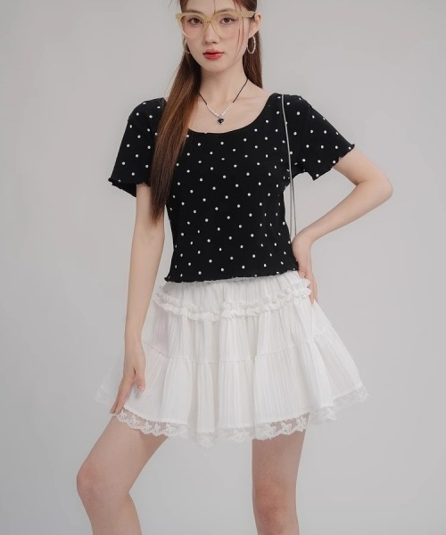 gossip！ロサンゼルス（ゴシップロサンゼルス）の「レトロ風 レースフリルティアードミニスカート（スカート・レディース・ホワイト/ブラック・FREE）」の21枚目の写真