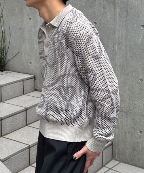 シアーハートニットポロ(ダブルジャガードメッシュニットプルオーバー