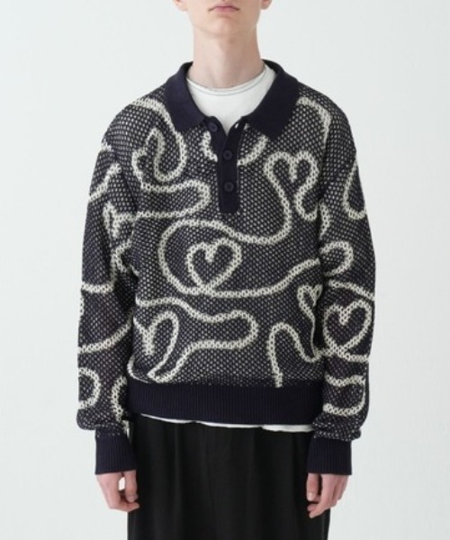 Gaphos （ガフォス）の「シアーハートニットポロ(ダブルジャガードメッシュニットプルオーバー)（ニット/セーター・メンズ・ベージュ/ネイビー・1/2）」の2枚目の写真