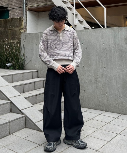 シアーハートニットポロ(ダブルジャガードメッシュニットプルオーバー