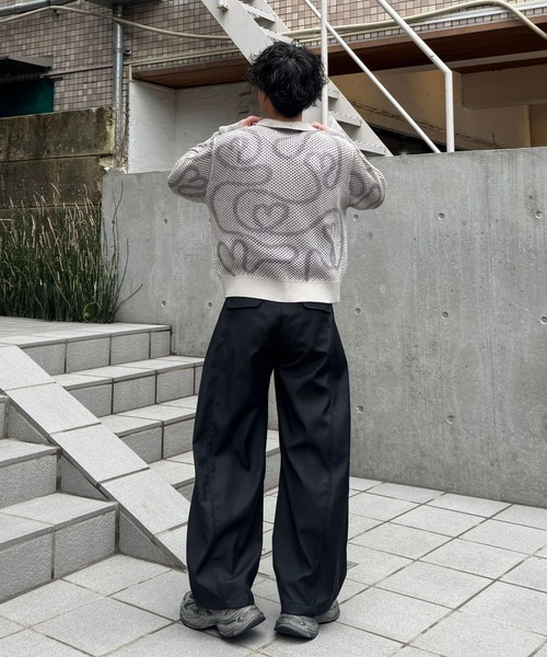 シアーハートニットポロ(ダブルジャガードメッシュニットプルオーバー